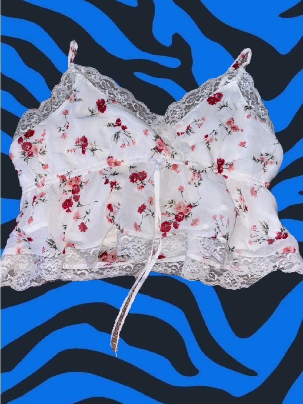 Hollister White Floral Lace Crop Cami with Pink/Red Blossoms